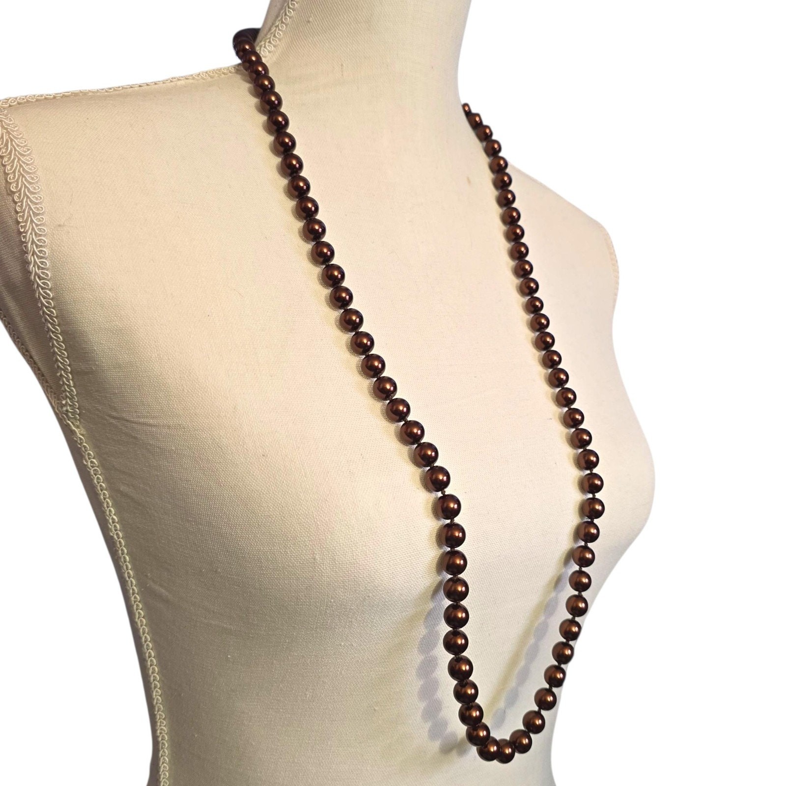 Necklace Beaded Brown Vintage 24″ Single Strand Gold Tone Filigree Clasp SKU2419