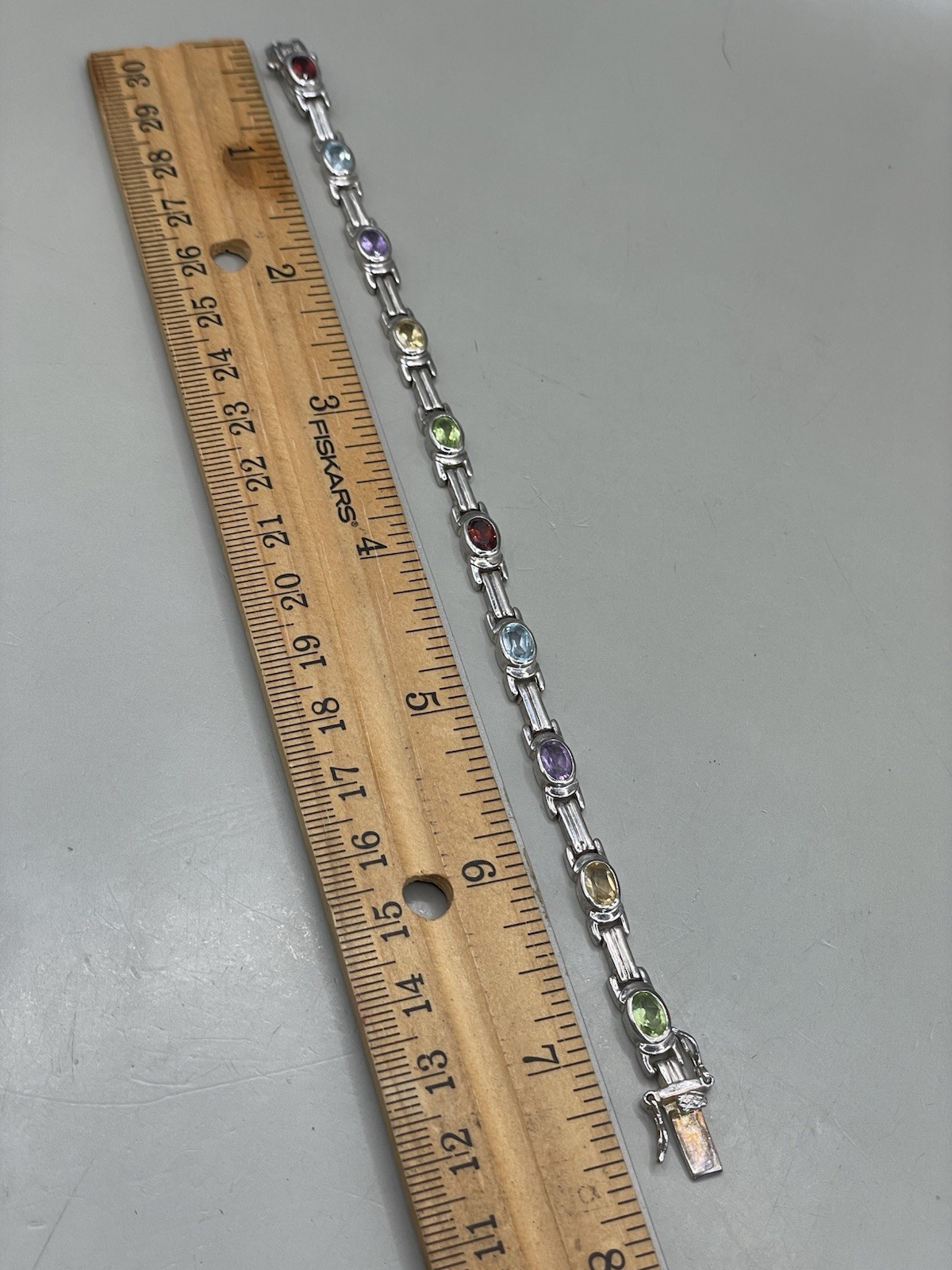 925 Sterling Silver Signed DBJ Genuine Multi Gemstones Tennis 7.25” Bracelet