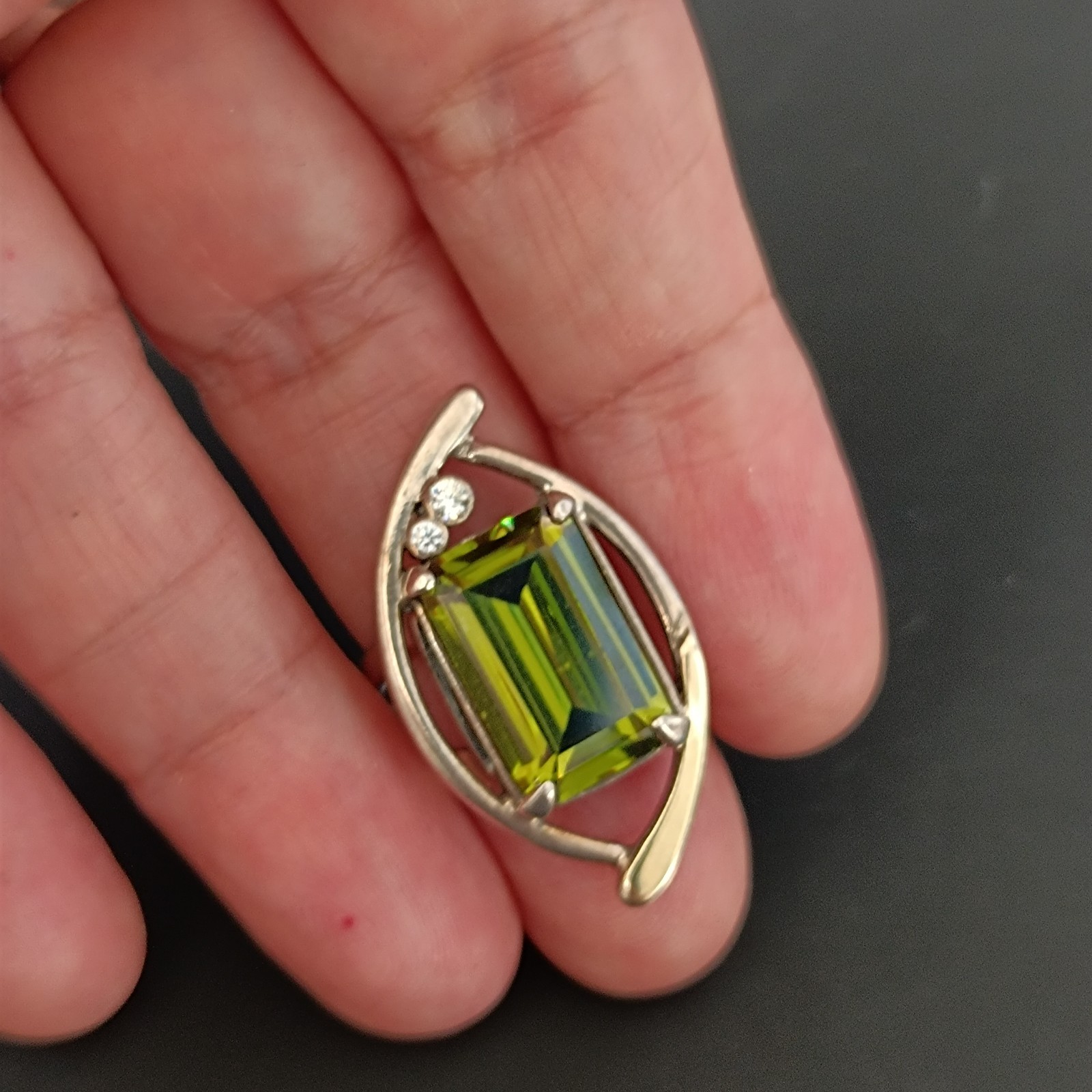 Modernist Statement Ring Sterling Silver Olive Green Stone Rolled Gold Cocktail