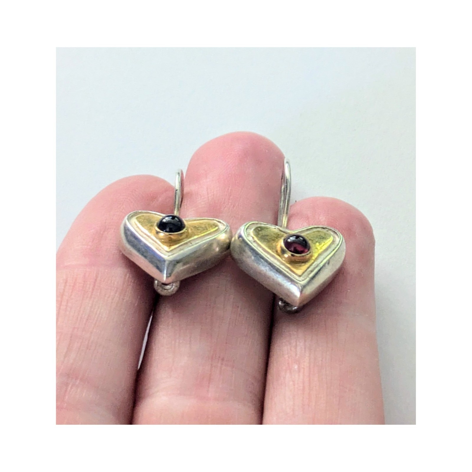 Vintage Sterling Silver Garnet Cabachon 2 Tone Heart Hook Back Earrings