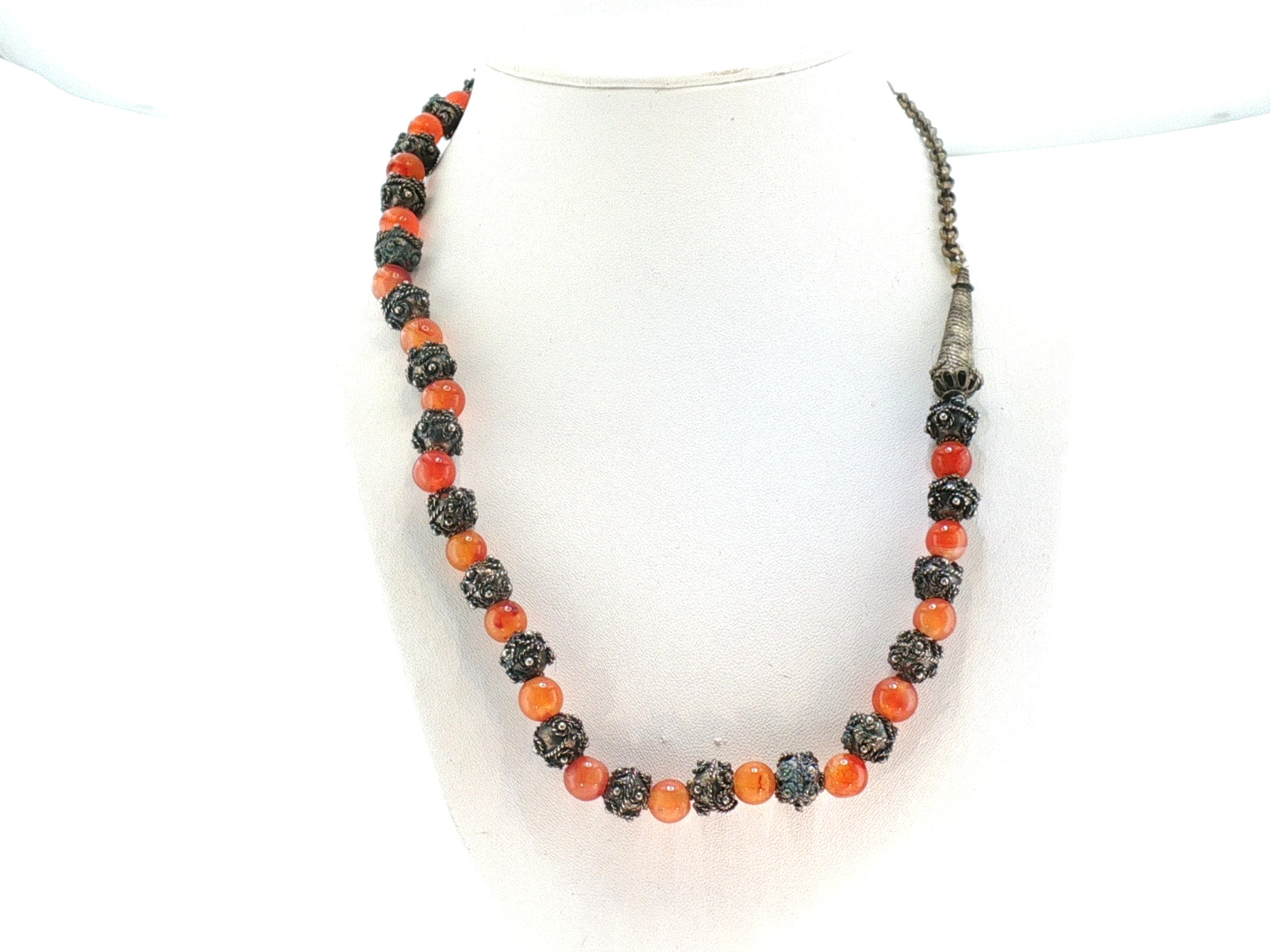 Vintage Orange Stone Bead Necklace – Ornate Metal Filigree Spacers, Boho Tribal