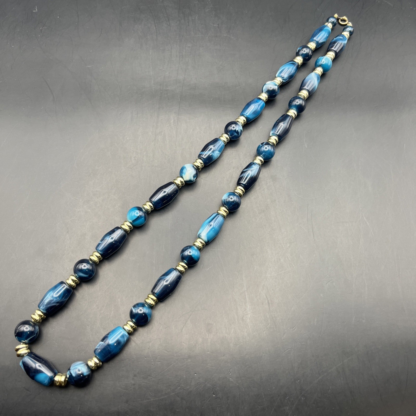 Dark Teal Blue Plastic Bead Necklace Long Gold Tone Abstract 25 In Bold Vintage