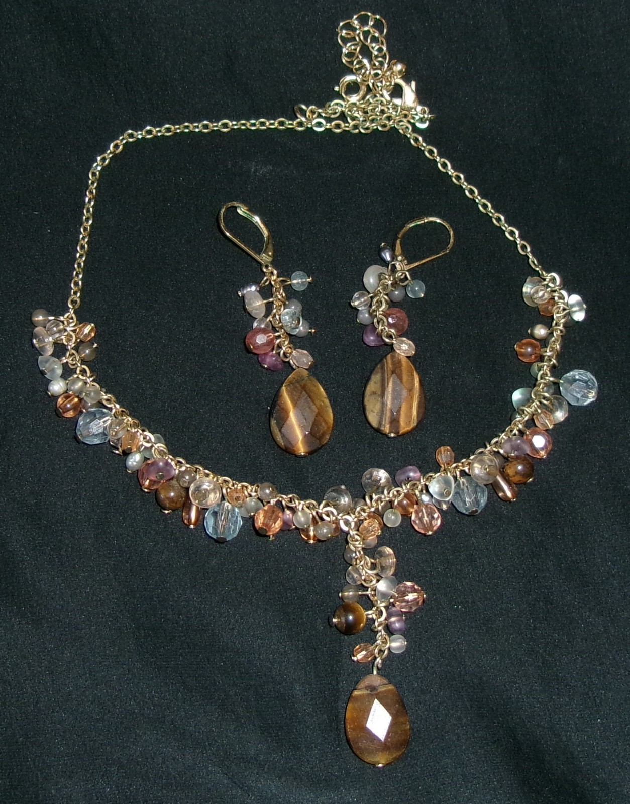 Vintage Tiger’s Eye Necklace/Earring Set-Demi Parure Signed Avon NR-Fall Colors