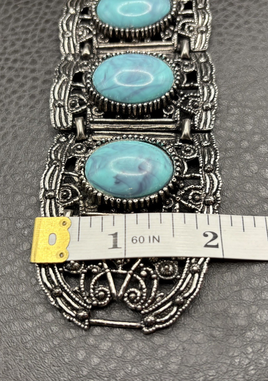 VTG Wide Chunky Panel Bracelet Faux Turquoise Boho Silver Tone Filigree