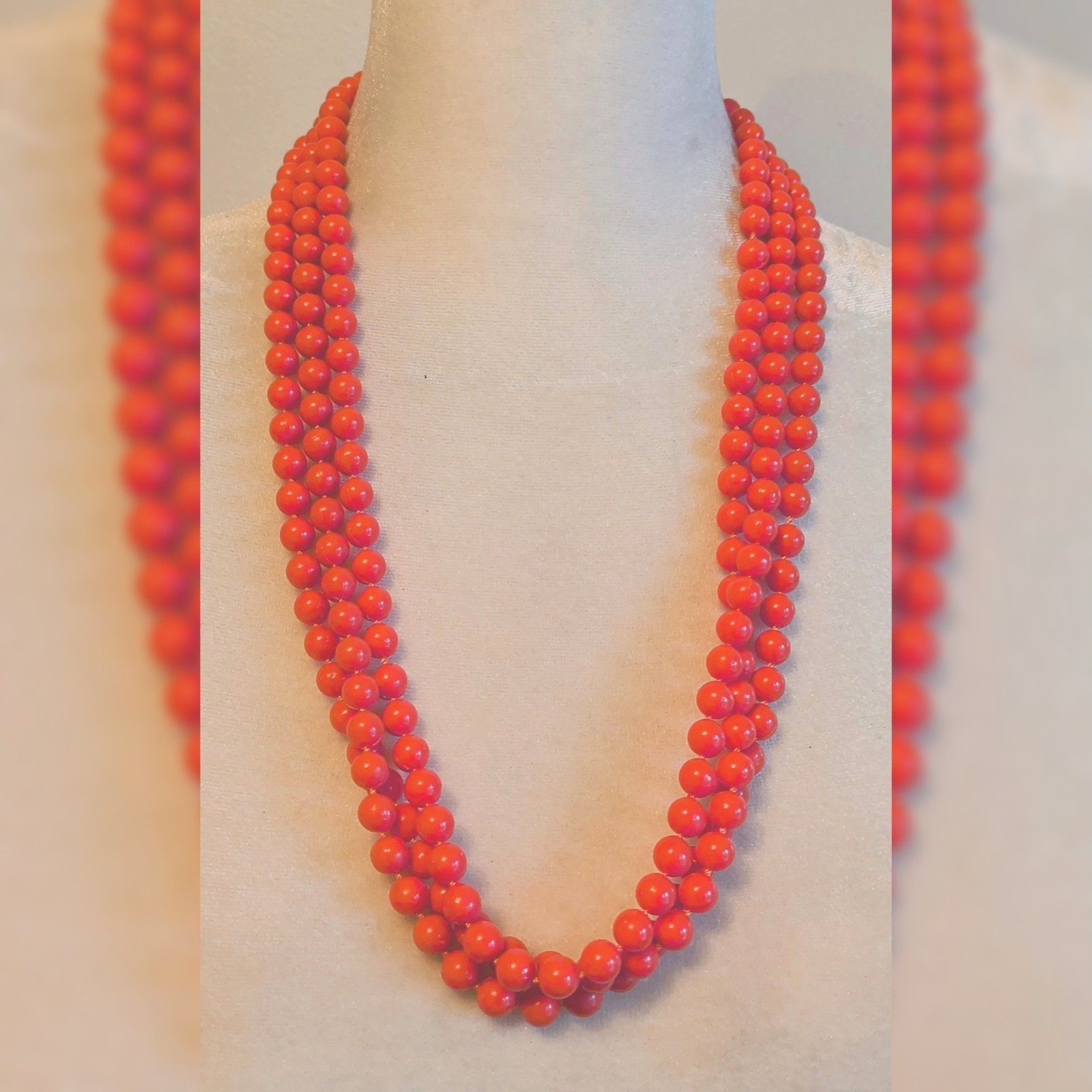 Vintage 60s Spring Bright Orange Acrylic Multi Strand Beaded Statement Necklace