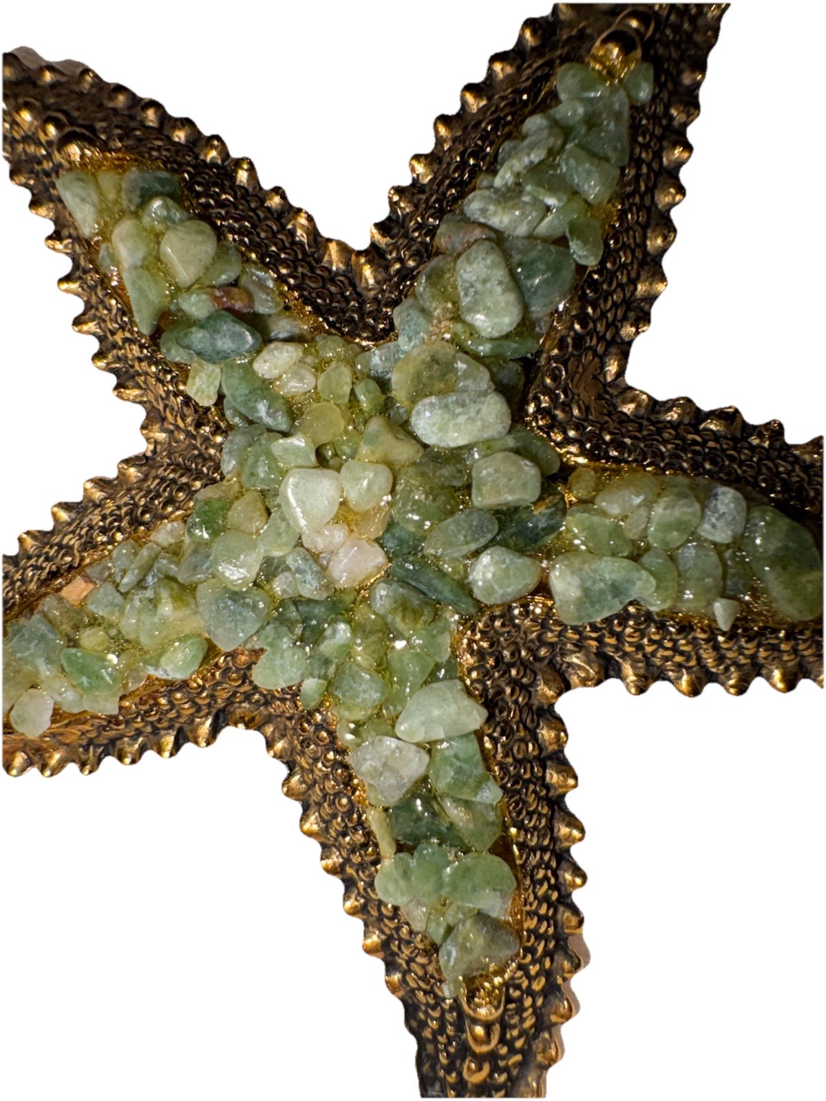 Vintage Beach Themed Starfish With Green Stones And Gold Toned Metal