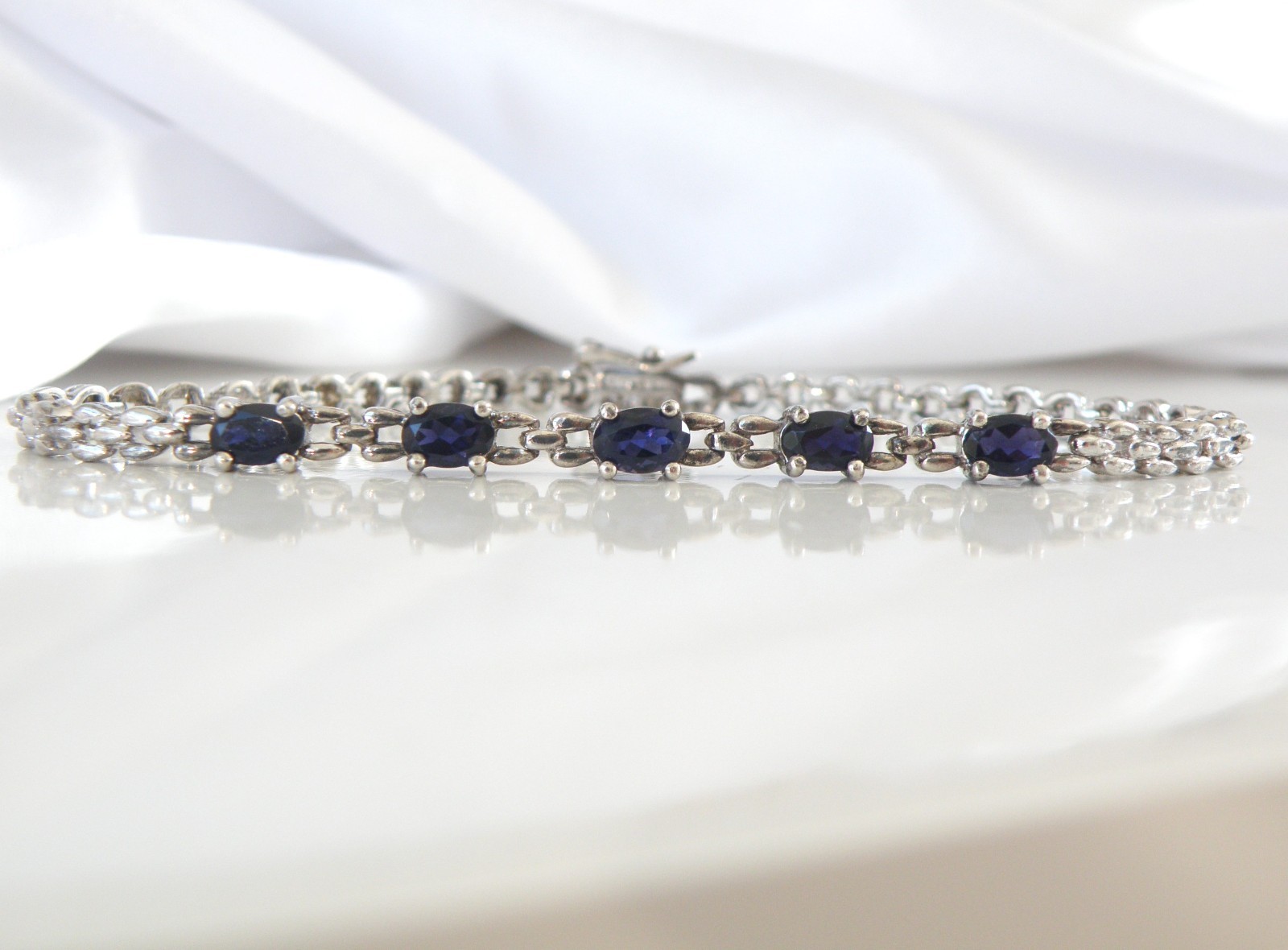 Vintage Sterling Silver 925 Natural Iolite Link Chain Tennis Bracelet Fits