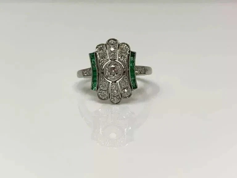 3.2Ct Art Deco Lab Created Diamond & Emerald Engagement 14K White Gold FN Ring