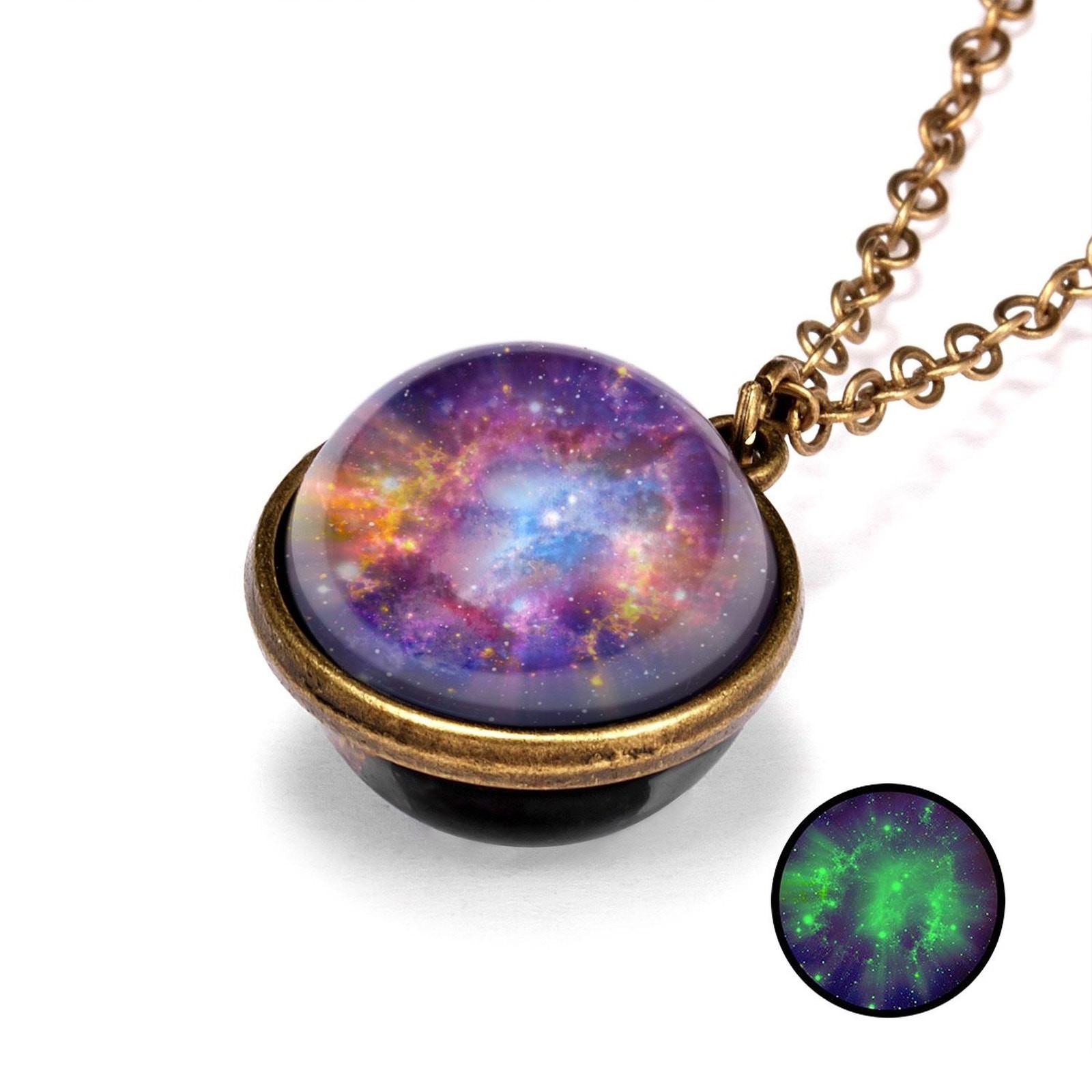 Double-Sided Galaxy Necklace – Glass Dome Pendant with Vintage Chain