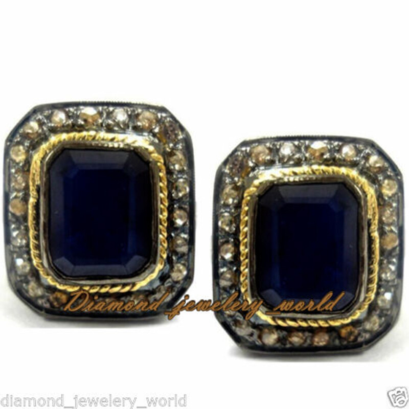 Amazing 1.88ctw Rose Cut Diamond Sapphire Silver Victorian Studs Earring Jewelry