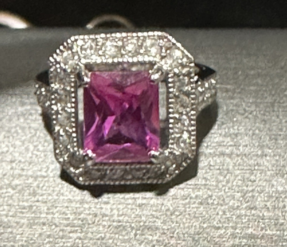 Pink Stone Halo Clear Rhinestone Statement Ring Silver Tone Sz 7.25