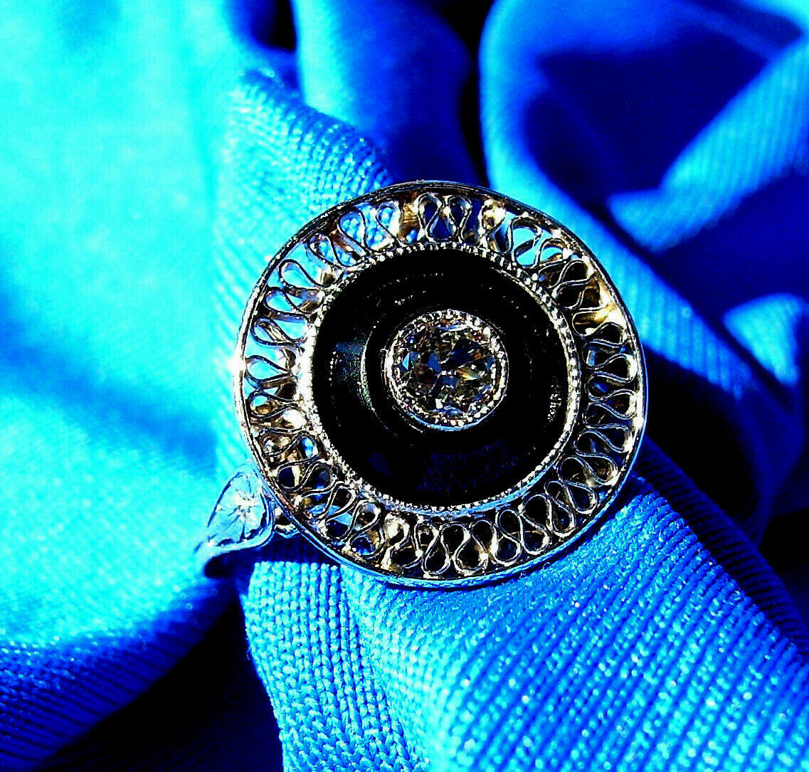 Original EARTH MINED DIAMOND Onyx Deco Engagement Ring Antique PLATINUM Filigree