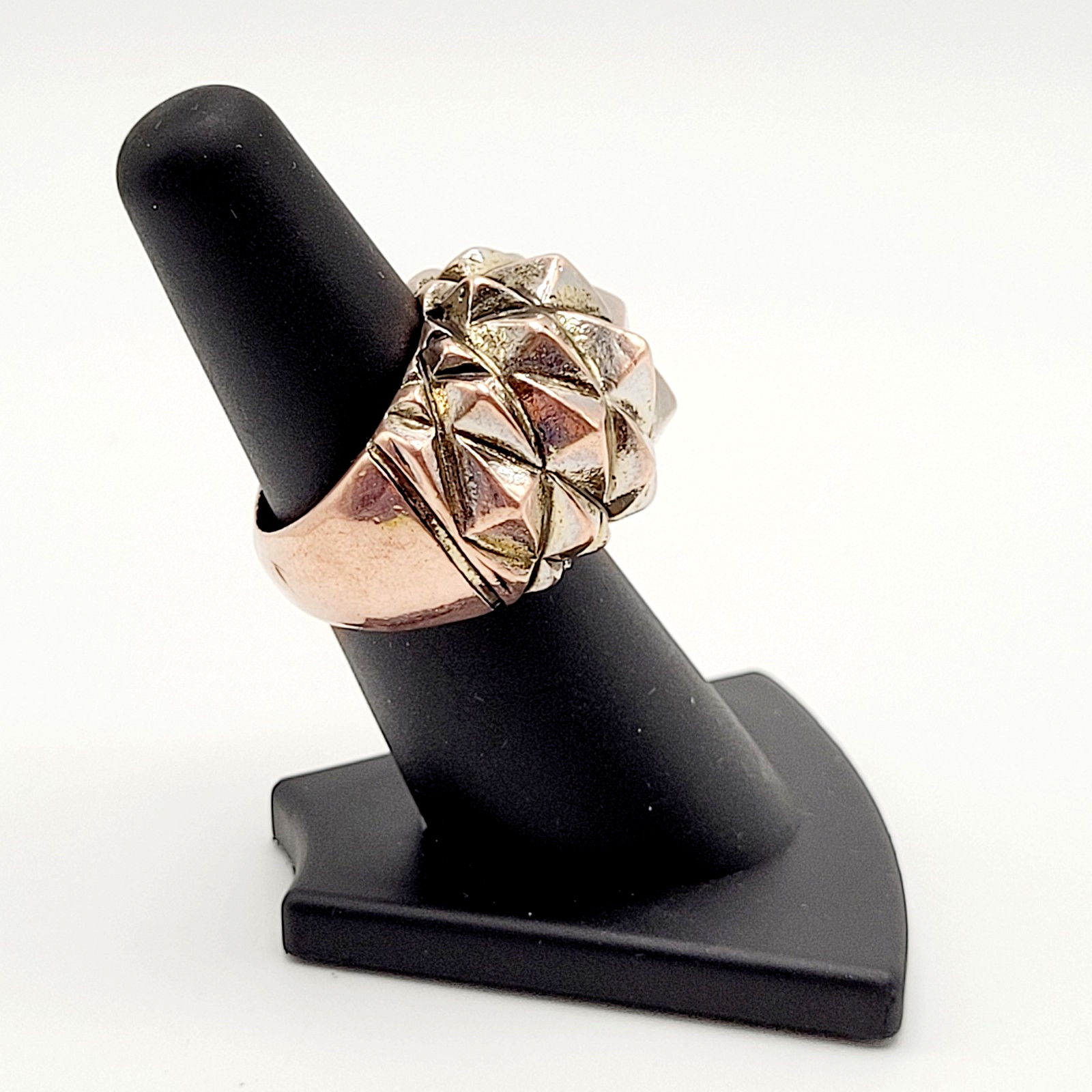 Brutalist Modernist Spike Geometric Pyramid Quilt Dome Mix Metal Tone Ring 6.5
