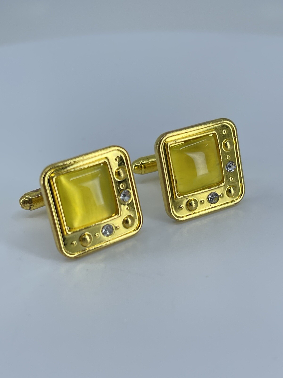 gold tone square yellow glass cufflinks white rhinestones accents bullet backs