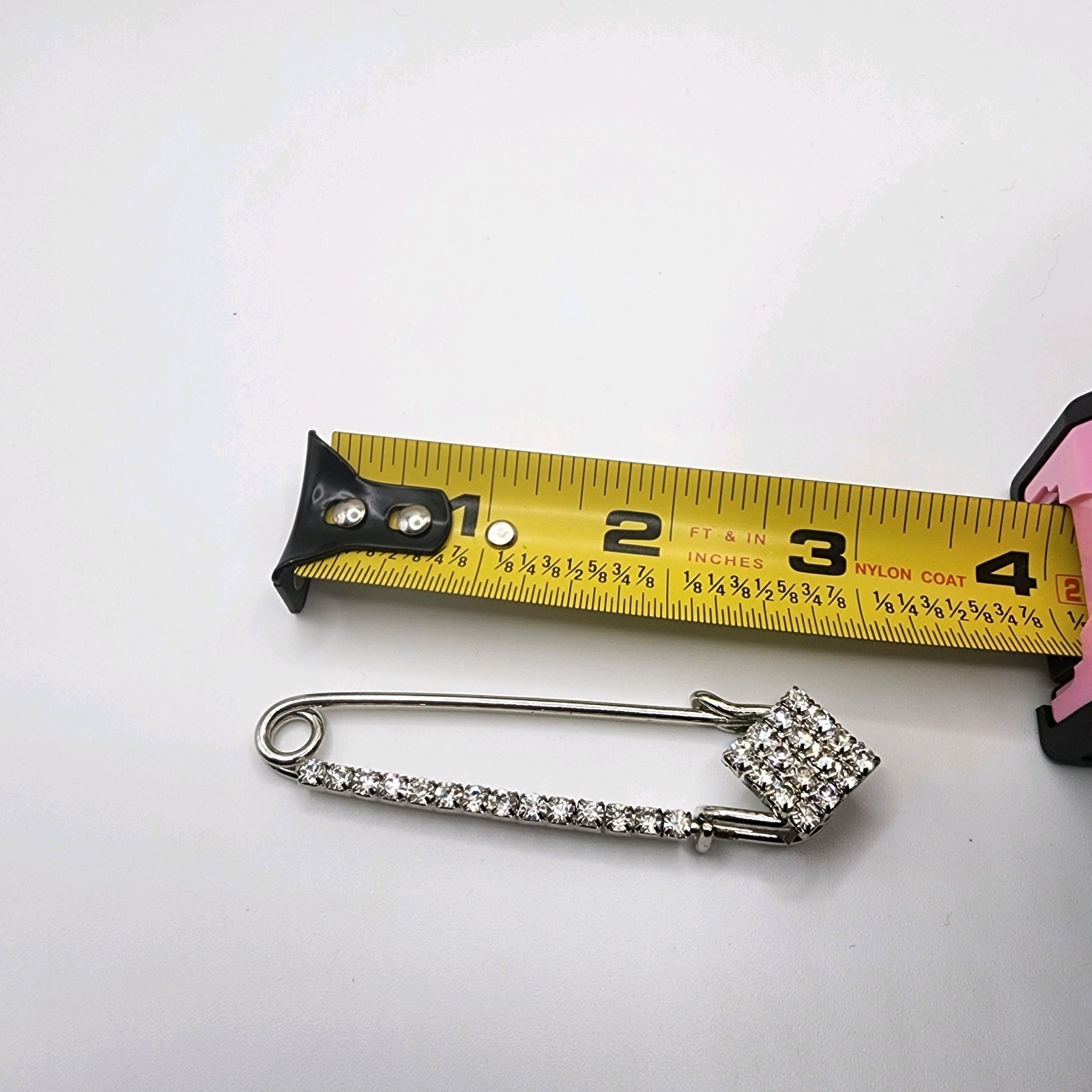 Square Diamond Shape Rhinestone Silver Tone Safety Pin Style Pin Brooch 3″ Long