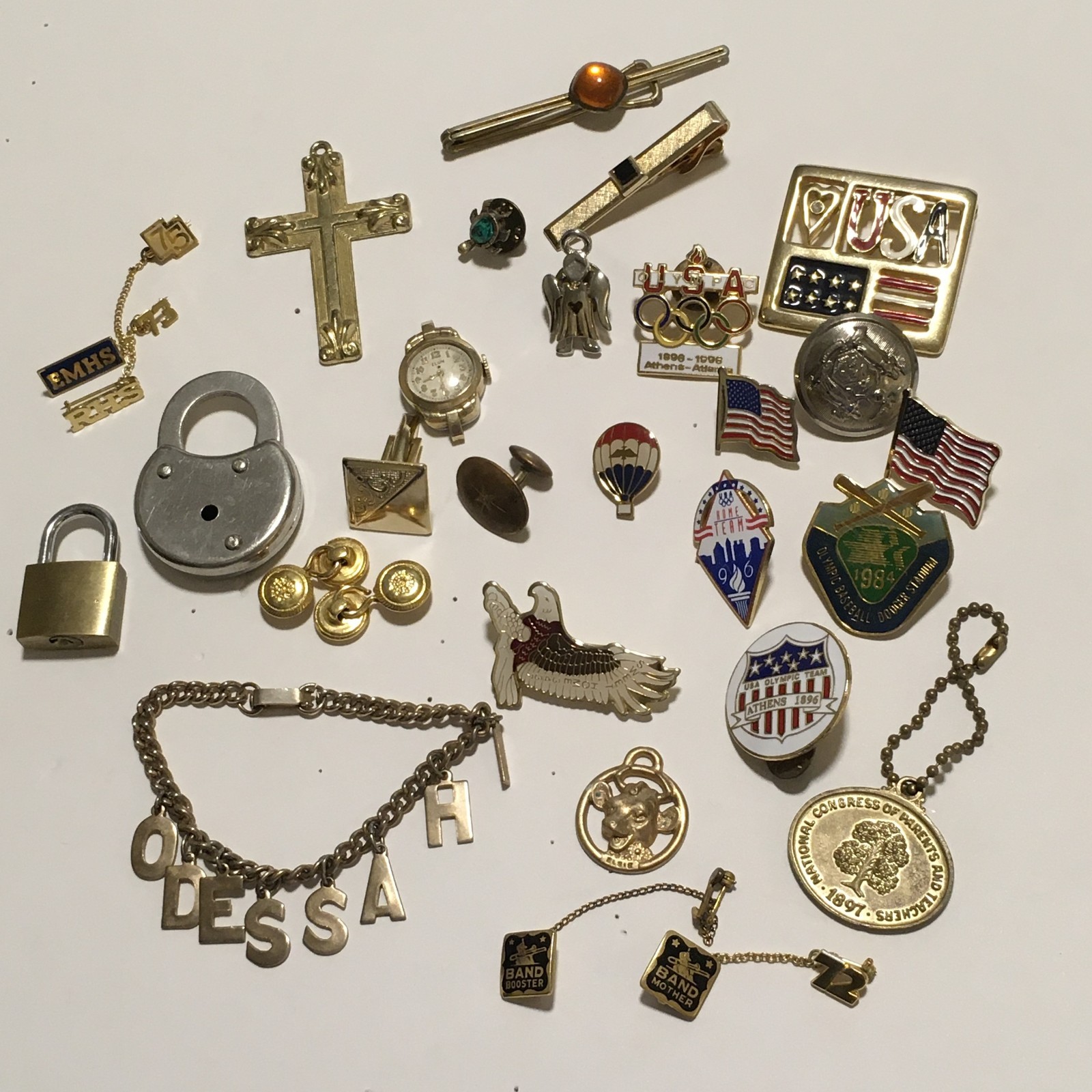 Lot of Vintages Pins Tie Lip Elgin Watch for repair locks cuff Links Flags USA