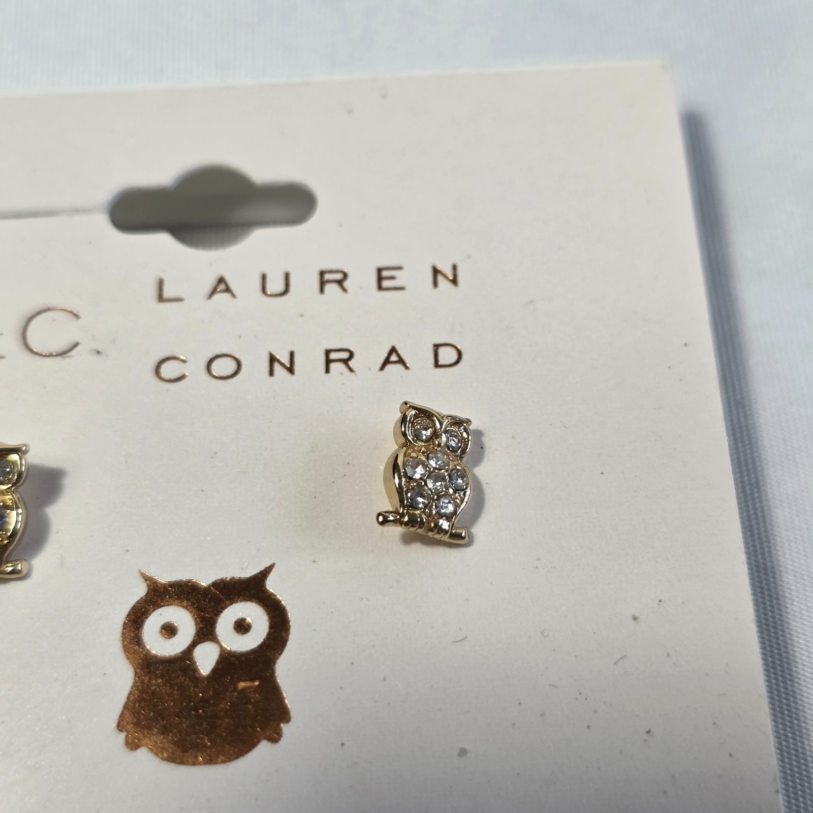 LC Lauren Conrad Owl Stud Earrings Gold Tone White Rhinestone Nickel Free
