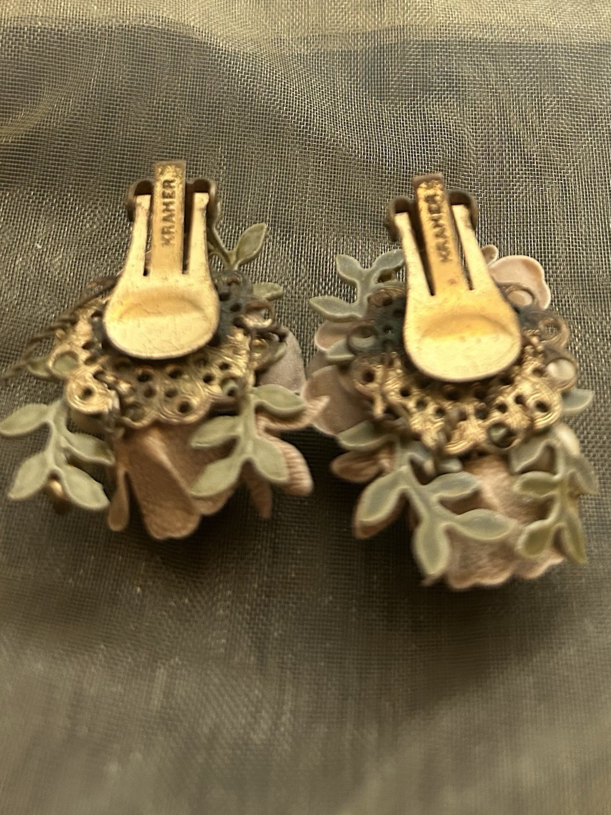 Vintage Kramer Flower Clip On Earrings Champagne With Faux Pearl And an Stones