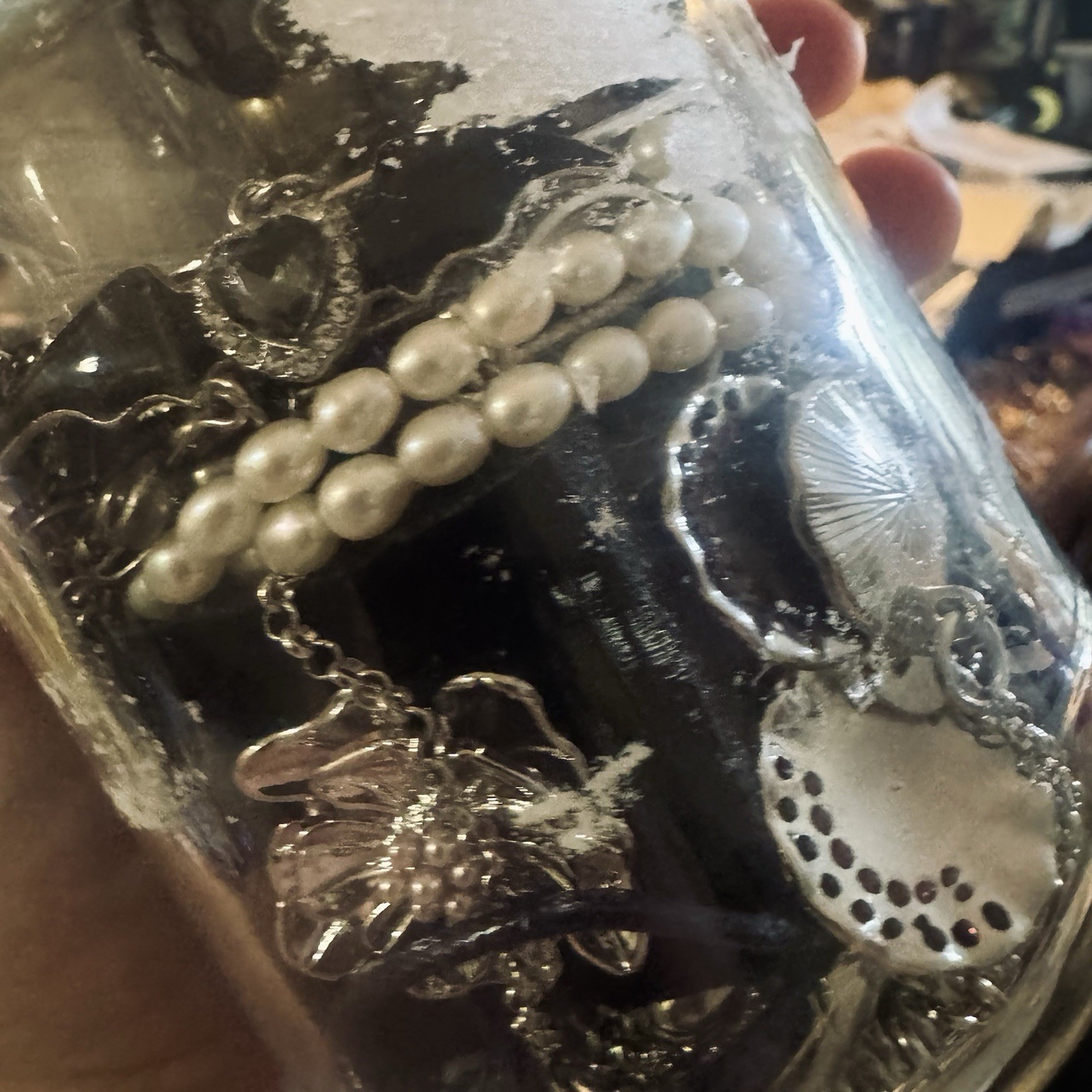 Huge Gothic Vintage Jewelry Jar Silver Tone Pearls Victorian Dark Romantic Mix