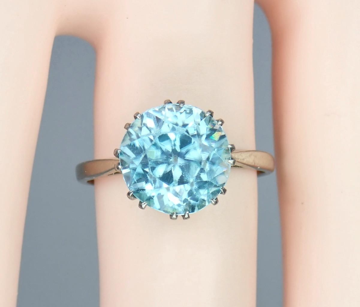 Antique Art Deco 18K Gold 5.4ct Old Cut Blue Zircon Solitaire Engagement Ring 6