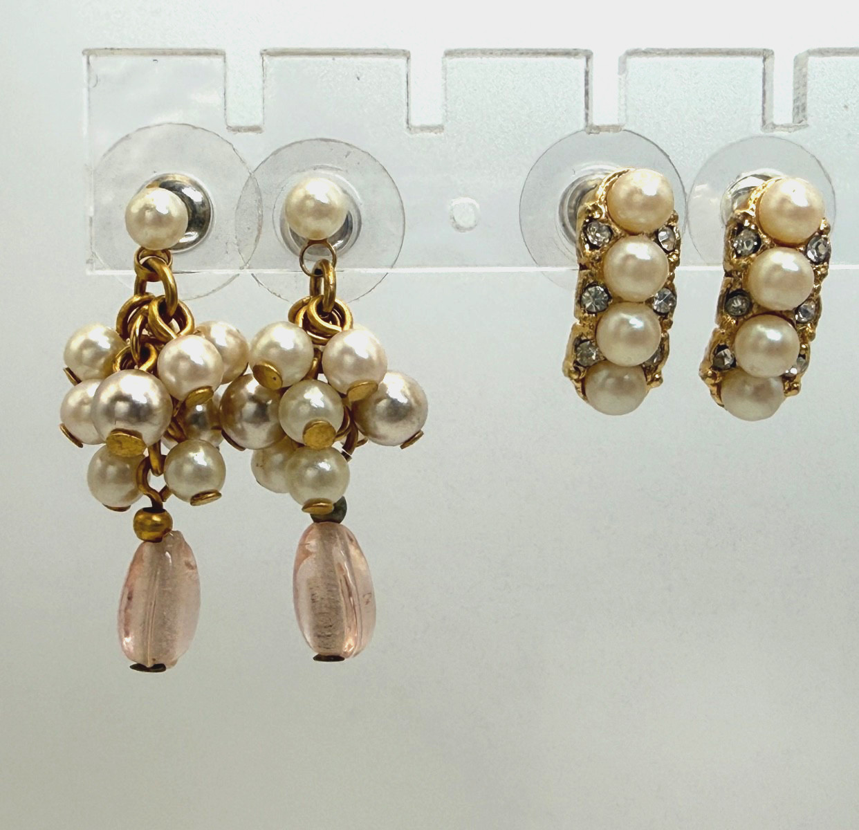 2 Pairs of Vintage Faux Pearl Earrings Cluster Drop Pink Glass Bead Gold Tone