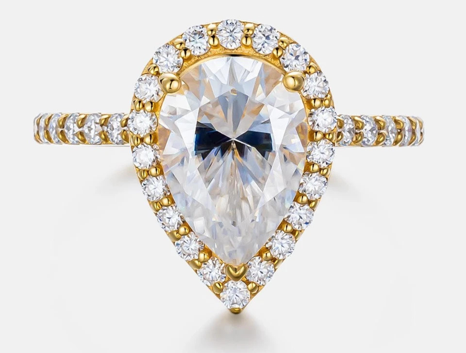Pear & Round Cut 3.00TCW White Moissanite Women’s Halo Ring In 10K Yellow GoldFN