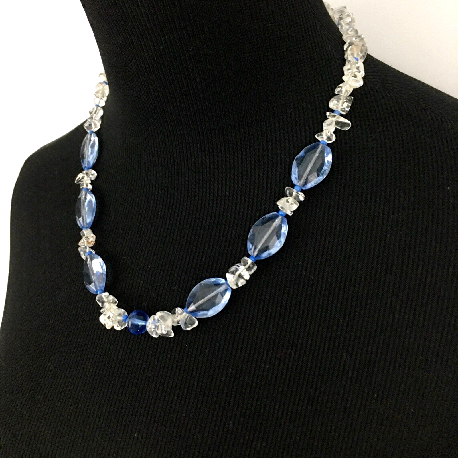 QUARTZ jewelry set – necklace & earrings -clear stone chips & blue glass beads