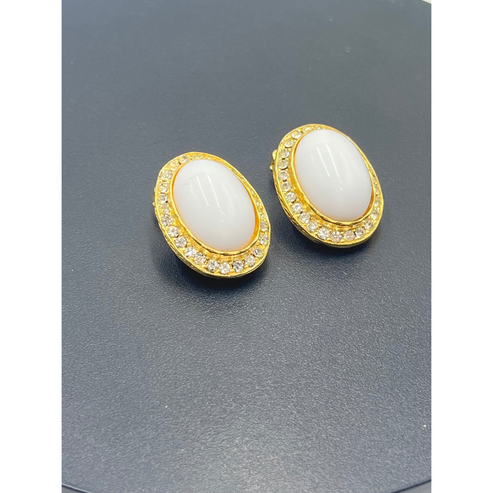 White Milk Glass Vintage Oval Cabochon Clip Earrings Rhinestone Halo GoldTone