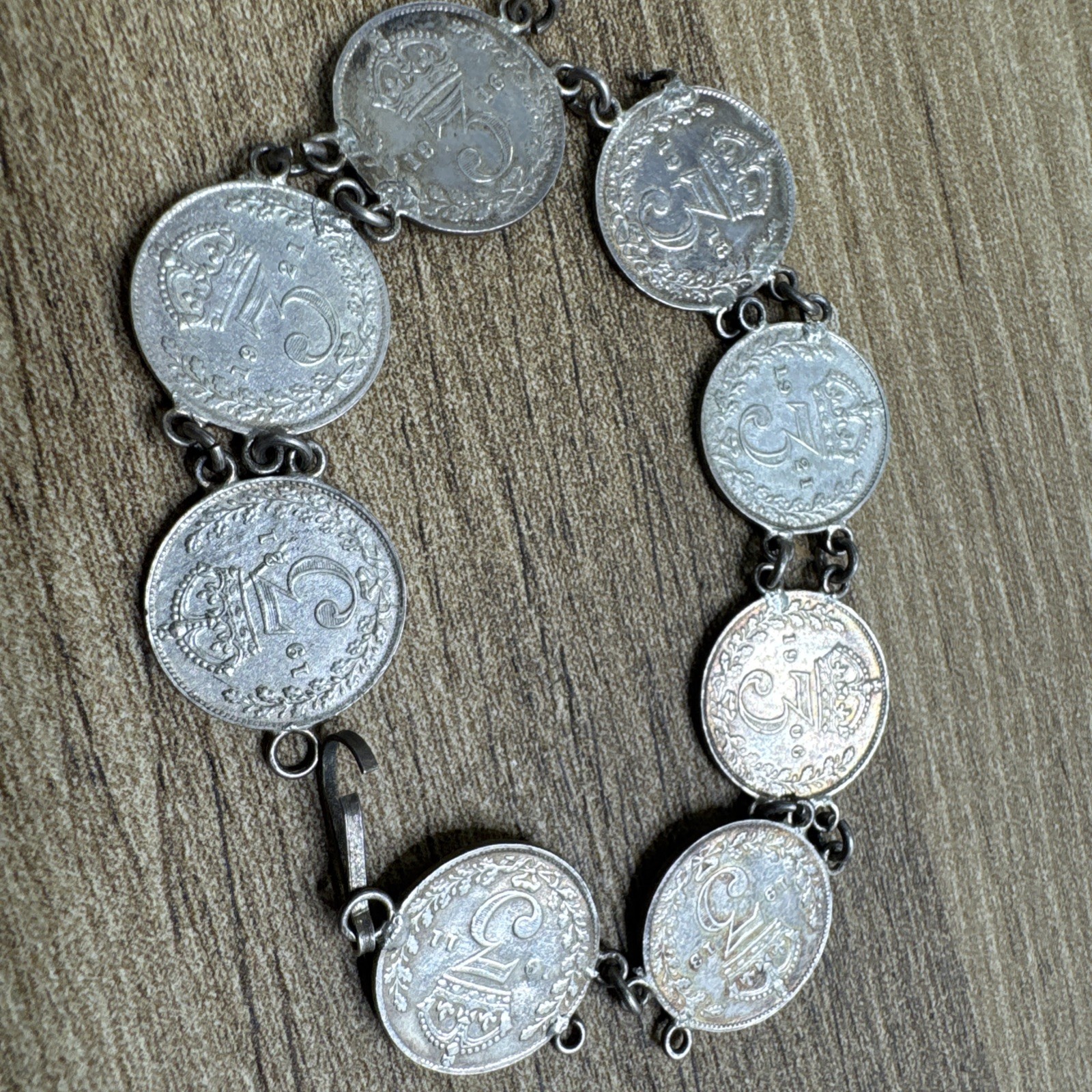 Antique British 3 Pence Sterling Silver 8 Coin Bracelet 1906 – 1921 King George