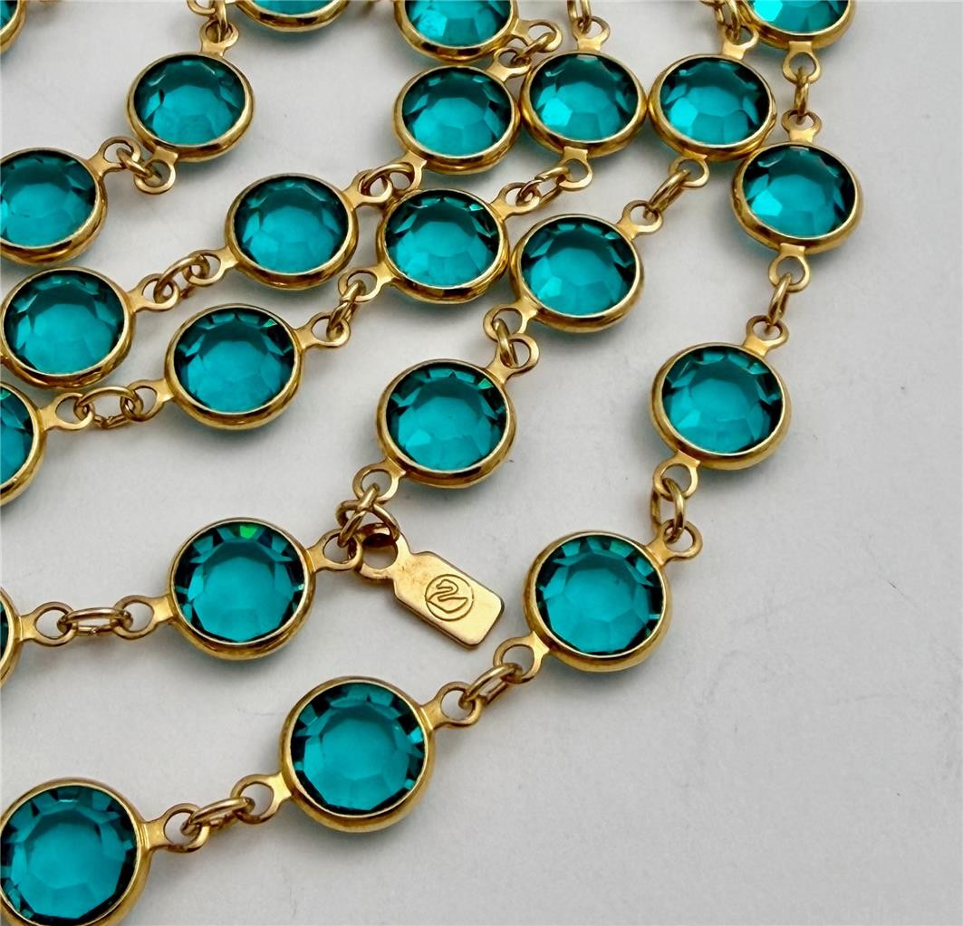 Vintage Swarovski Swan signed Teal Crystal Bezel Set Gold Tone Necklace 36″ L.