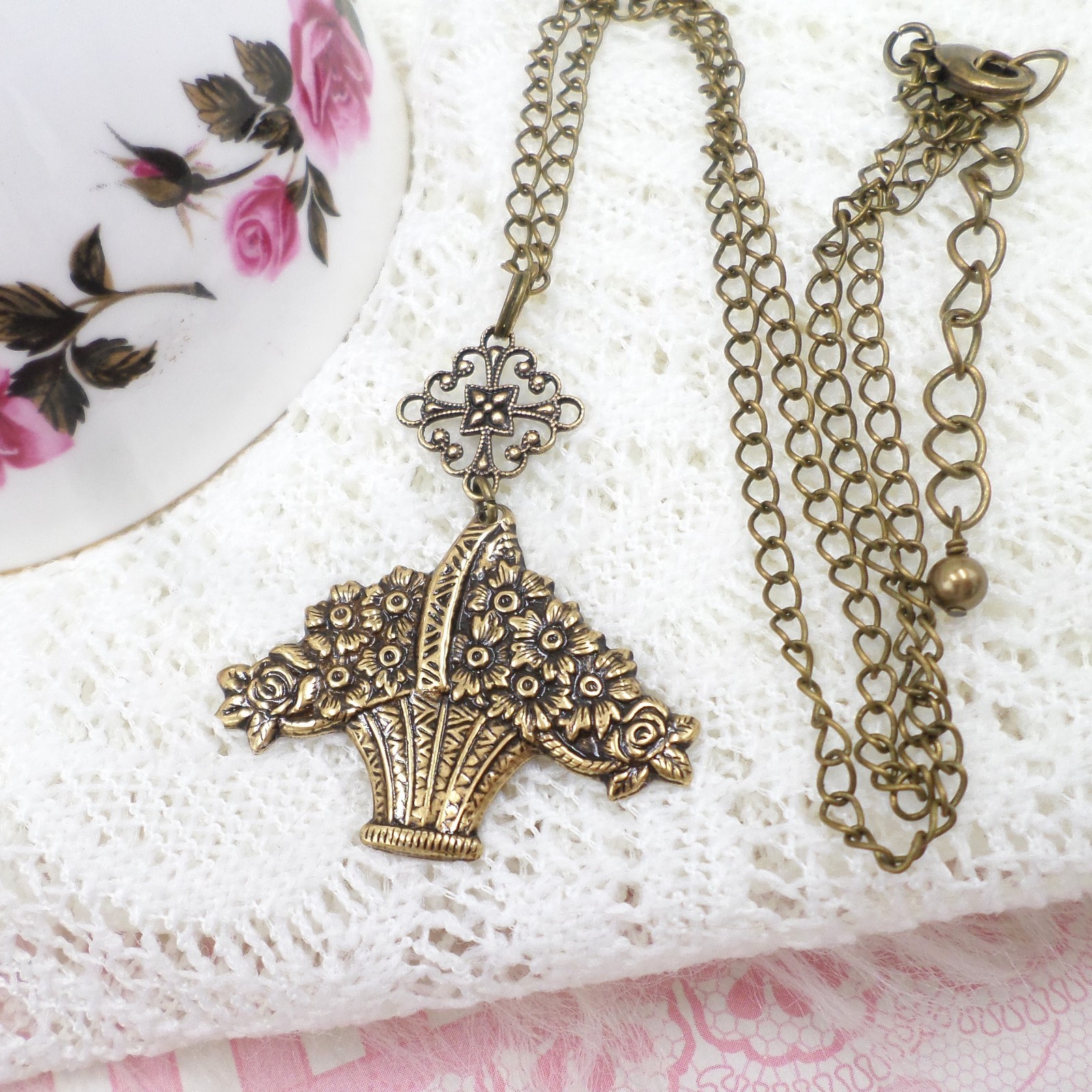 Flower Basket Necklace Antique Brass Handmade Floral Pendant Victorian Style