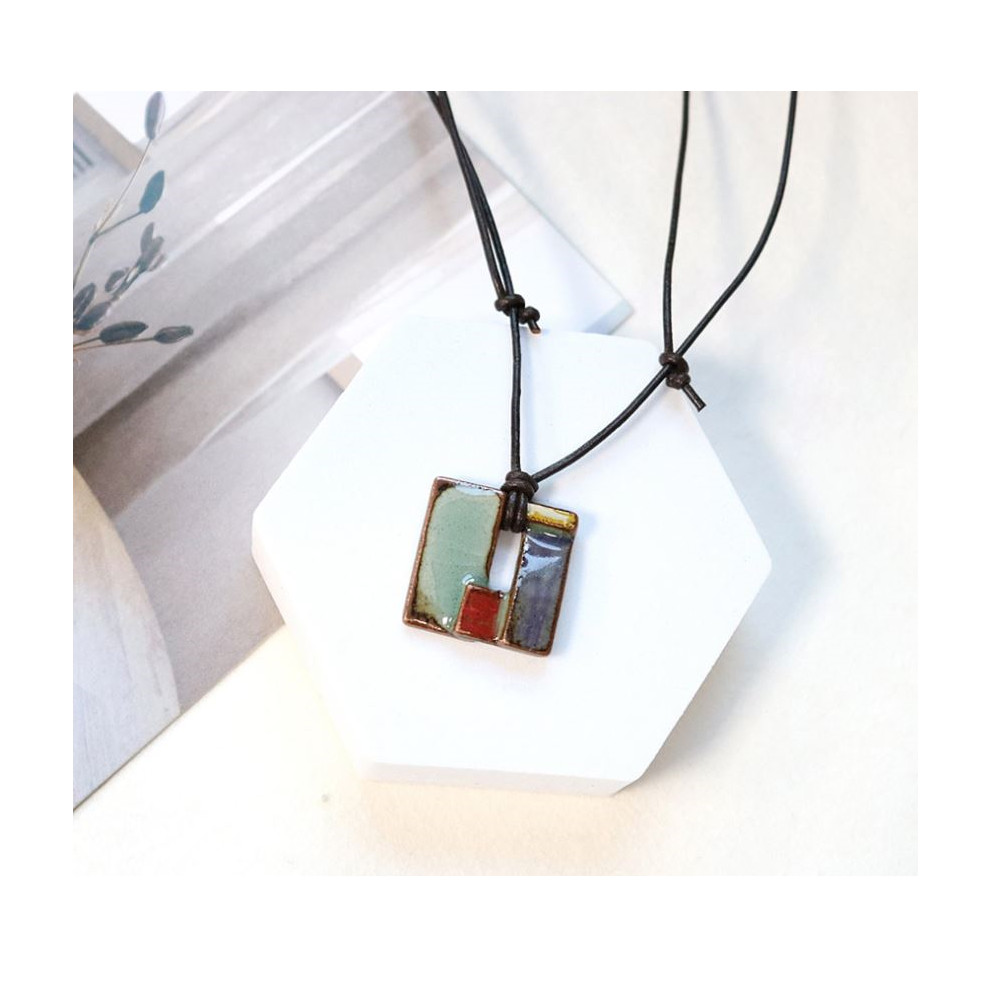 Korean Celadon Patchwork Square Necklace Handmade Ceramic Pendant