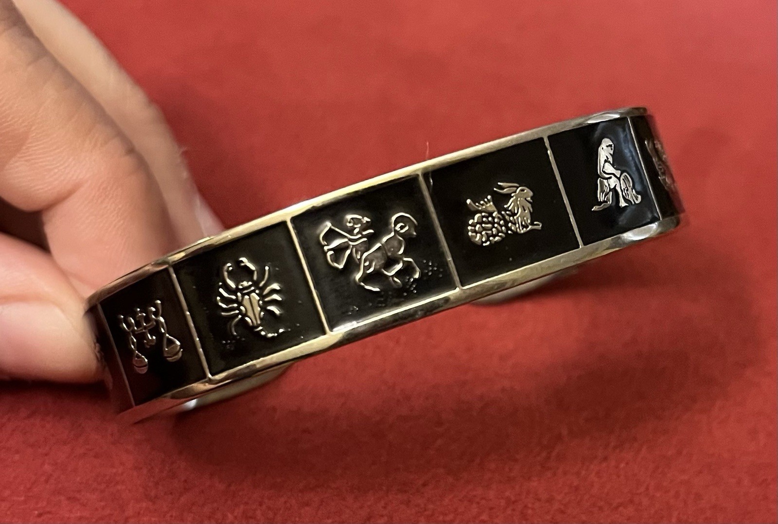 Vintage Zodiac Signs Black Enamel Adjustable Cuff Bracelet 70s w/ Inscription