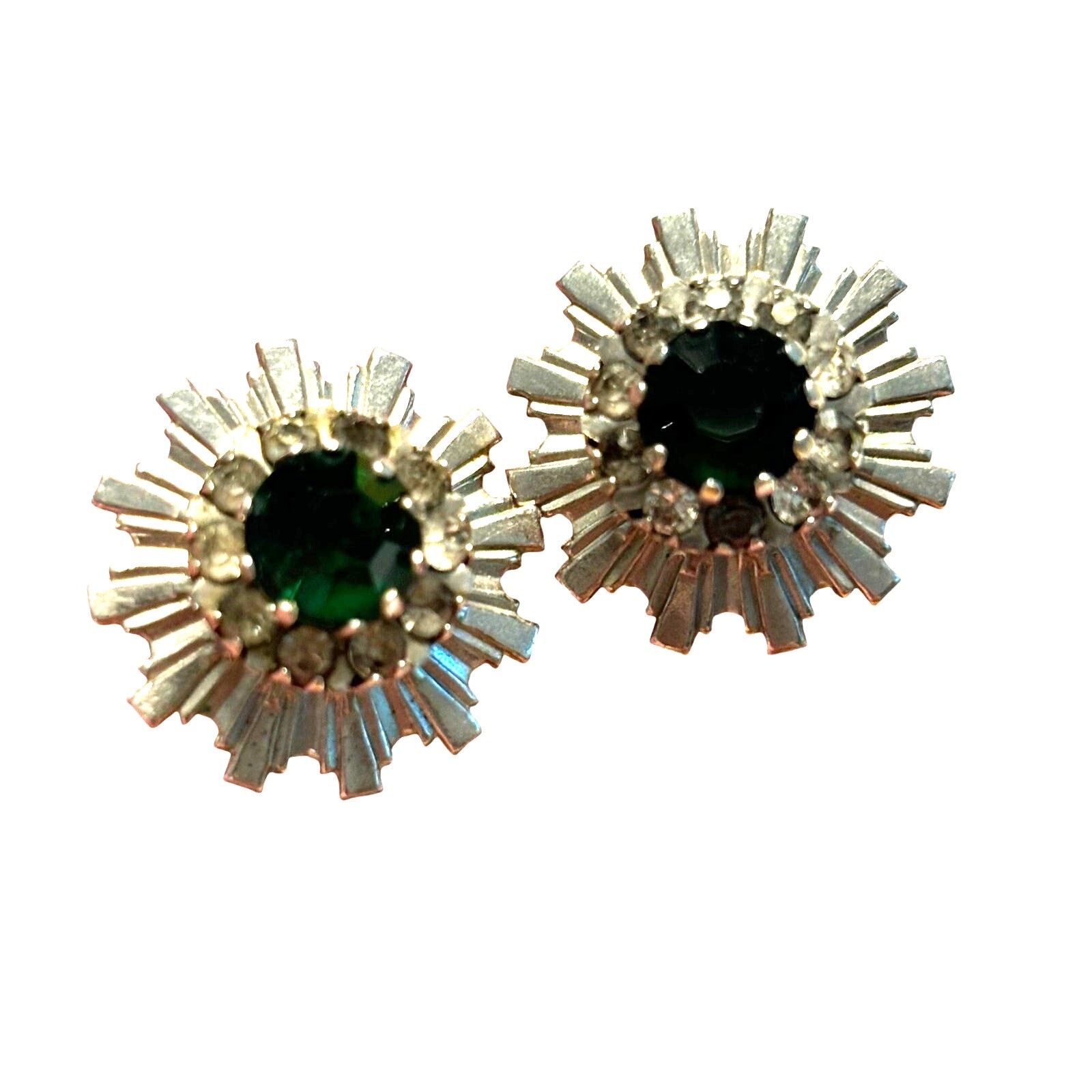 Vintage screw back earrings textured silvertone & deep green rhinestone centers