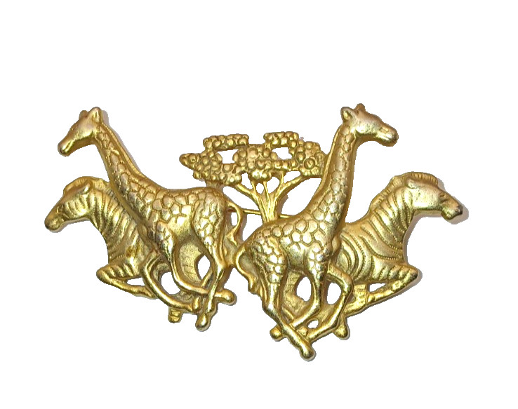 Vintage AJC African Safari Animals Giraffe Zebra Brooch Pin Brushed Gold Tone