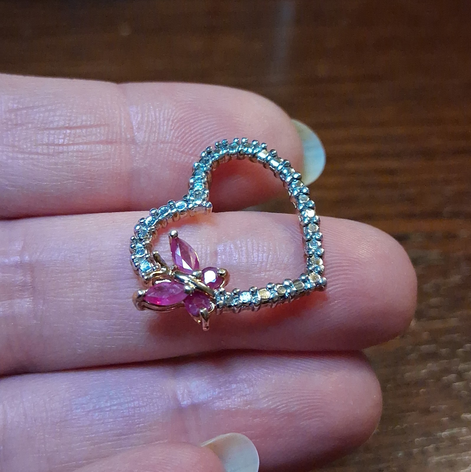 Vintage Sterling Vermeil Ruby Butterfly Heart Pendant 2.7g See Pics/Description