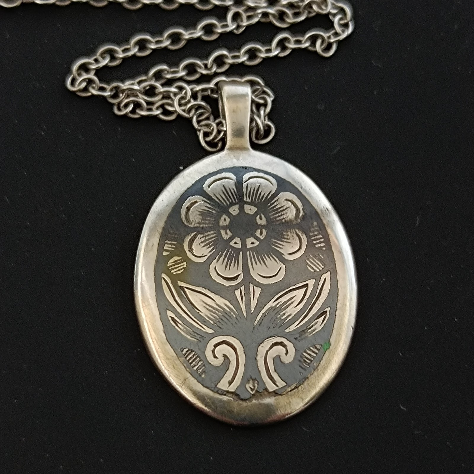 Russian Niello Necklace Silver 875 Floral Oval Traditional Pendant Vintage Long
