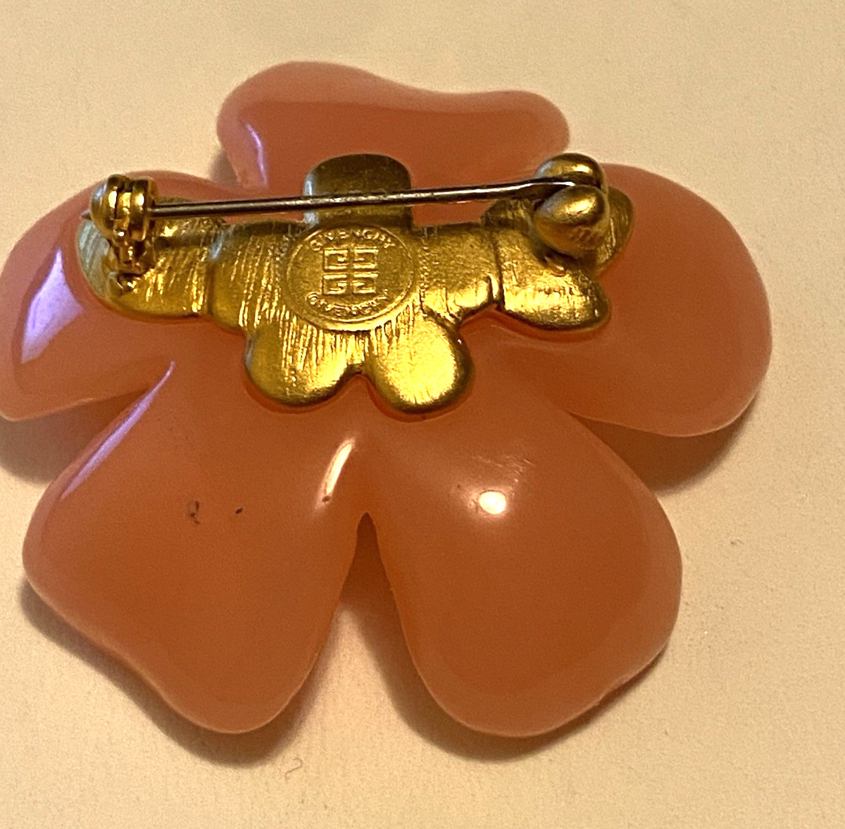 Vintage Givenchy Flower Brooch Pink Petals and Gold Tone Rhinestone Center Pin