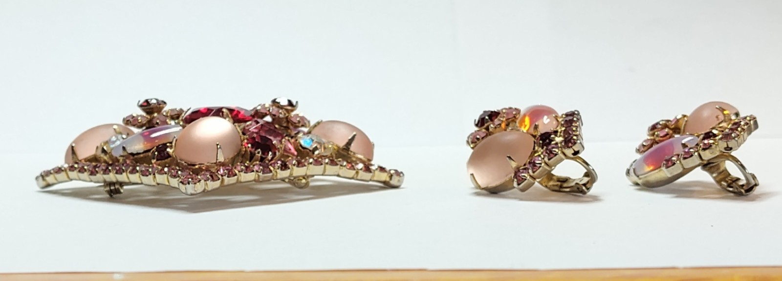 Vintage Stunning Givre Pink Red Clear AB Rhinestone Brooch Pin Clip Earrings