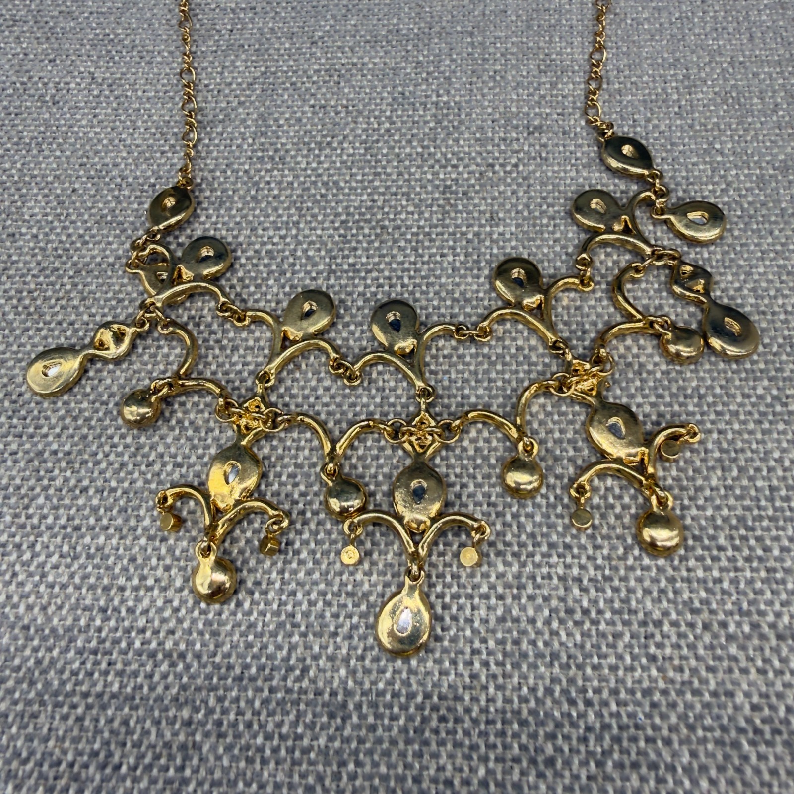 Vintage Bib Necklace Red Clear Rhinestones Gold Tone Dangles 17 Inch Adjustable