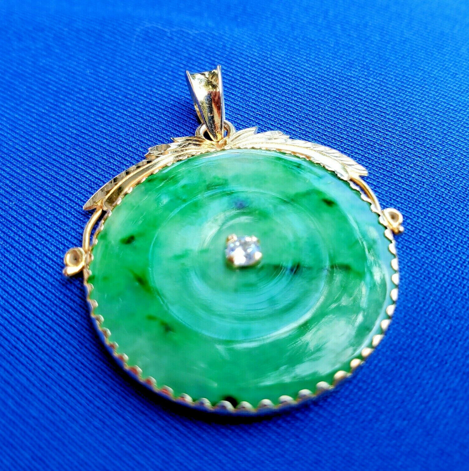 EARTH MINED Green Jadeite JADE DIAMOND Vintage Deco Pendant 14K GOLD Medallion
