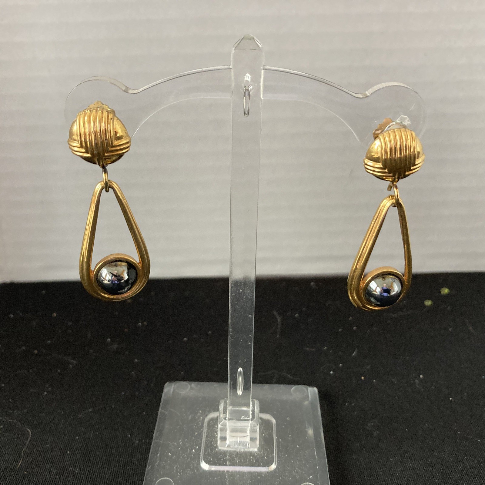 Vintage MCM Lanvin Gold Tone and hematite Dangle Clip On Earrings 1 3/4″