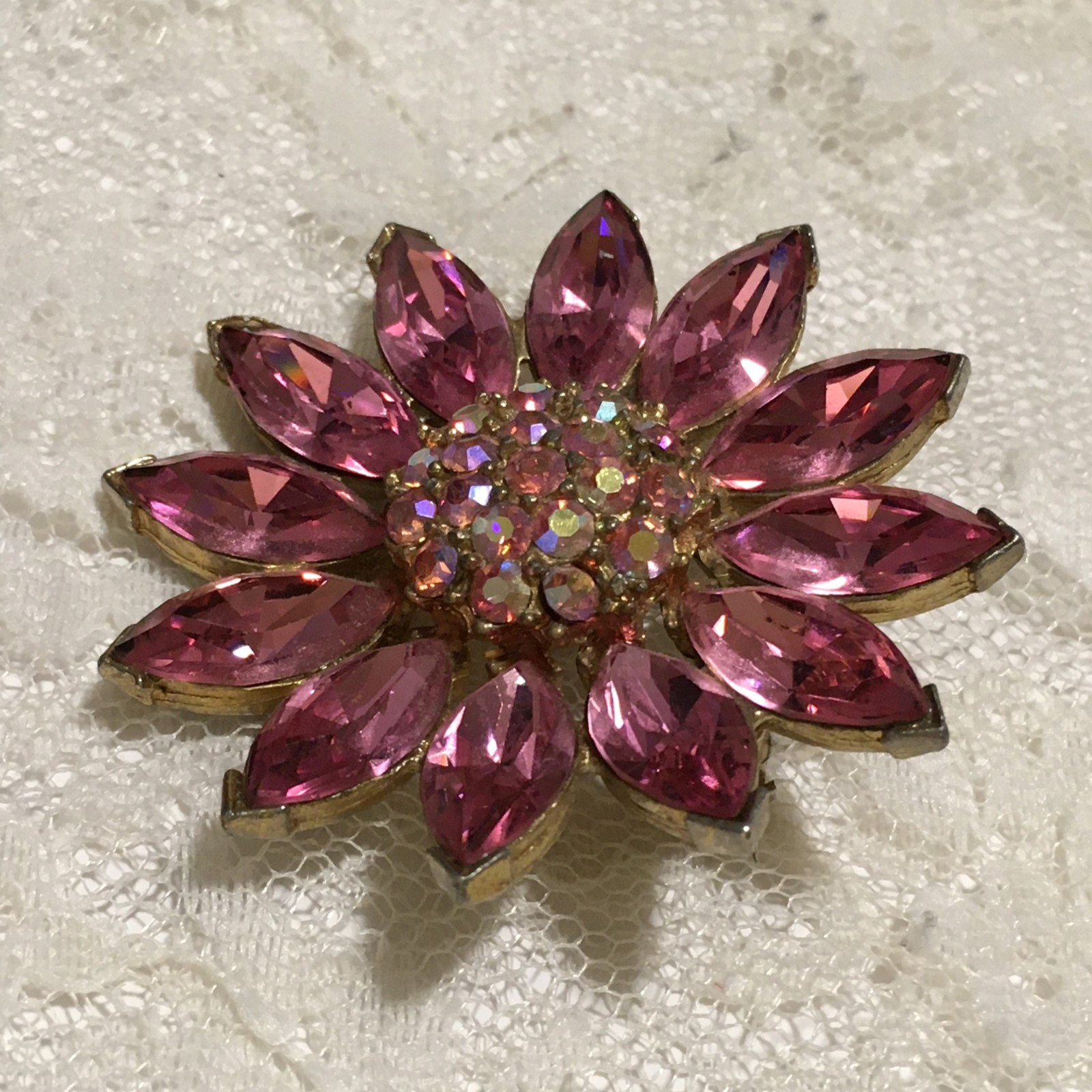 Vintage Pot Metal Brooch Gold Tone Pink Rhinestone Spring Jewelry