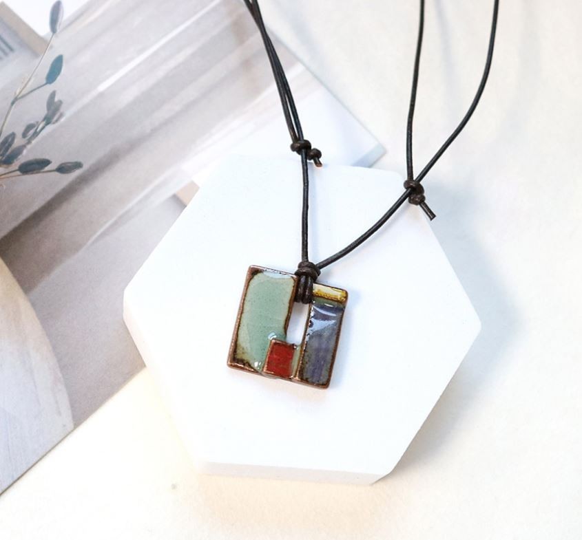 Korean Celadon Patchwork Square Necklace Handmade Ceramic Pendant
