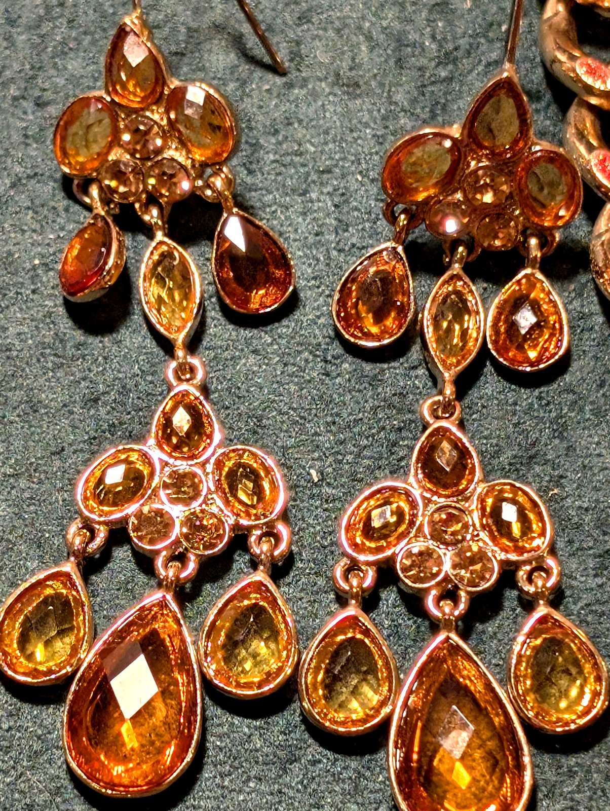 Gold Tone Lot Acrylic Cabochons & Crystal Teardrop Tassels Statement Necklace