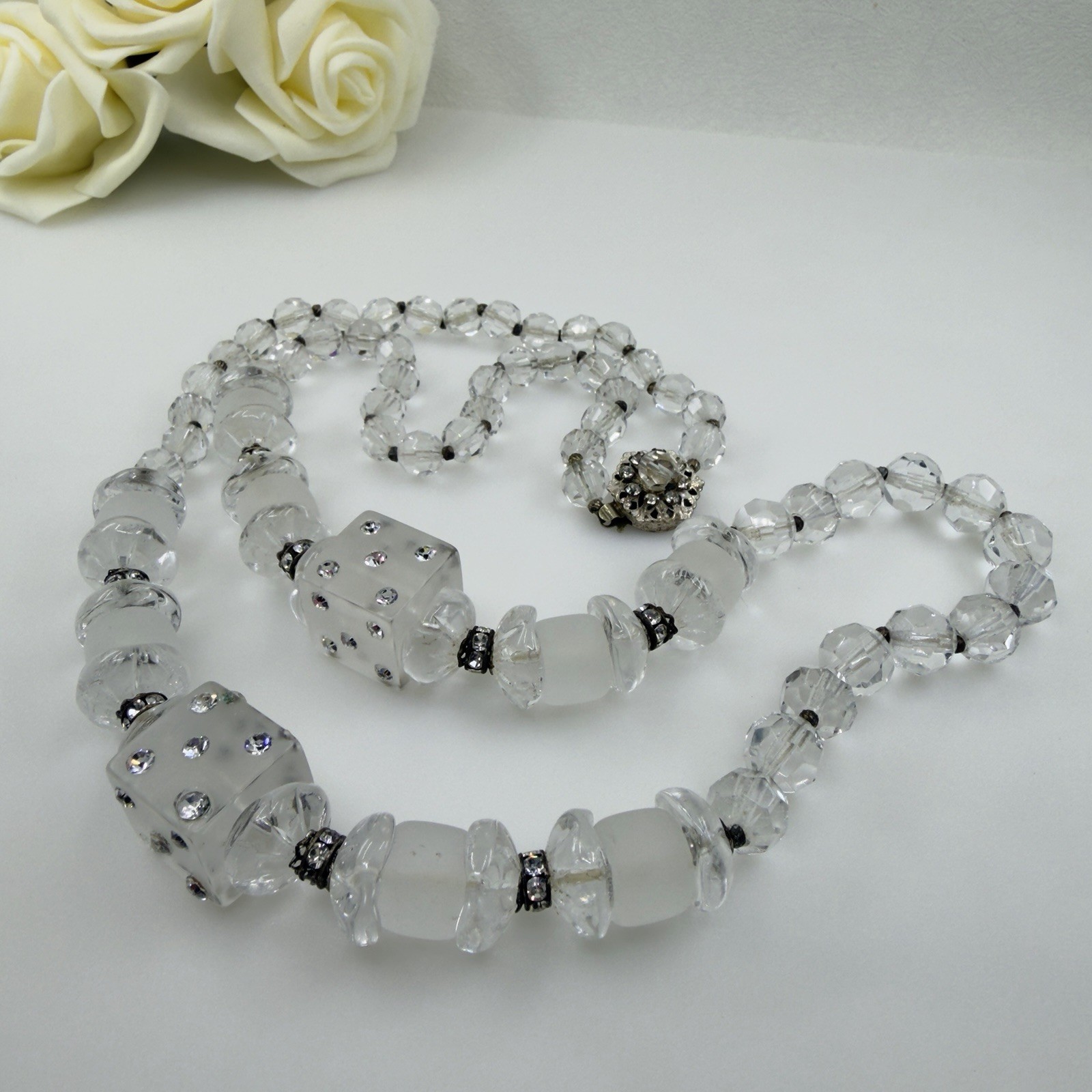 SIGNED Art Deco ▪️ MIRIAM HASKELL Lucite Glass Rhinestone CRYSTAL Clear Necklace