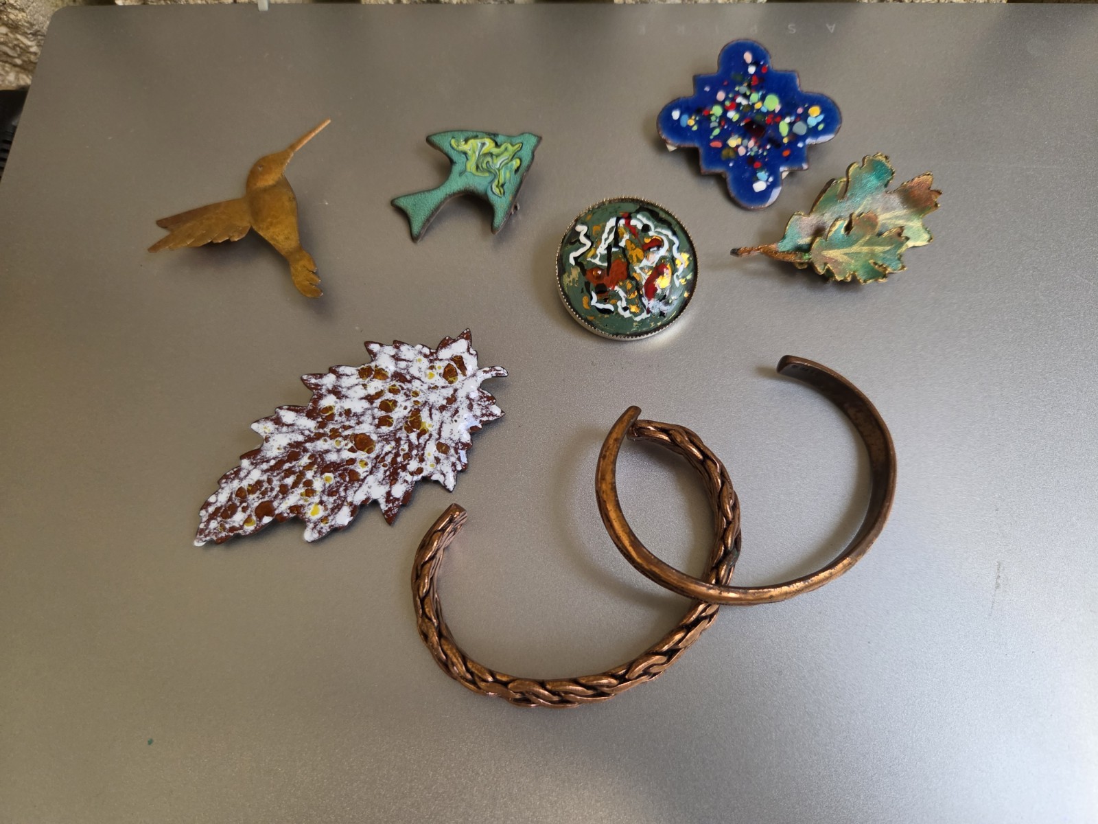 Vintage Copper Enamel Brass Copper Plated Pins Bracelets Lot Of 8