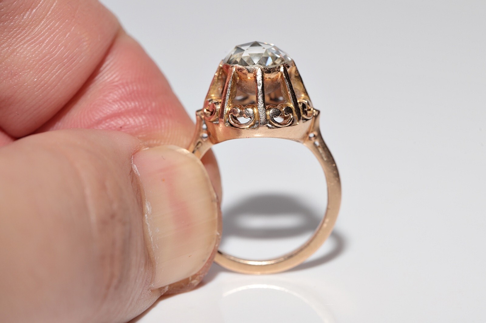 Antique Circa 1900s 18k Gold Natural Rose Cut Diamond Solitaire Ring