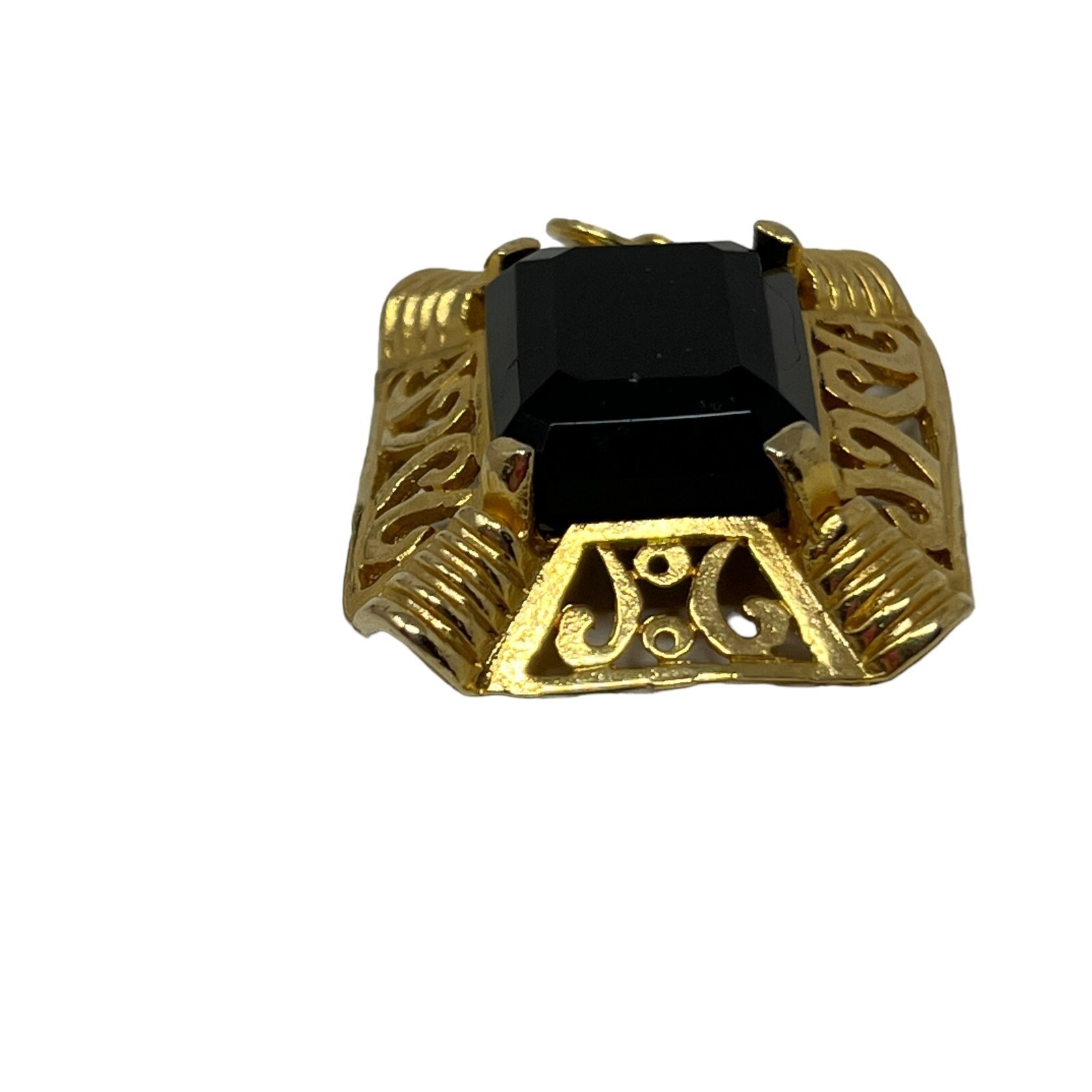 Vintage Edlee Pendant Dark Red Glass Ornate Open Scroll Gold Tone Rectangle