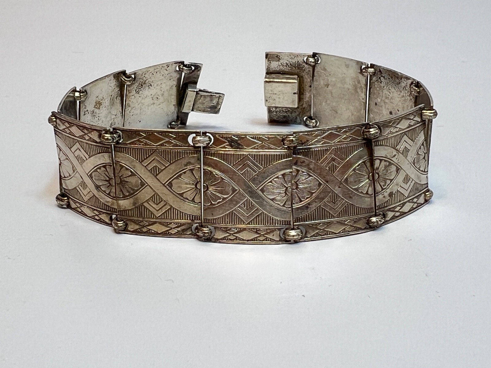 Antique German 835 Silver Art Deco Link Panel Bracelet Geometric Flowers